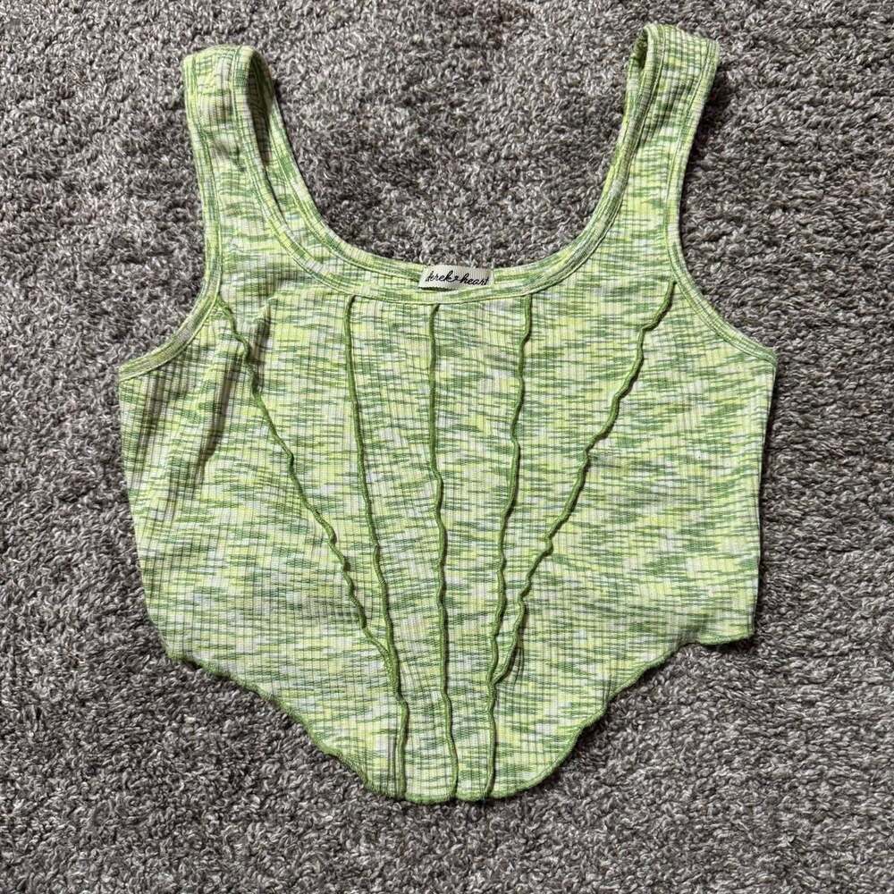 Derek Heart Green and White Ribbed Corset Crop Top, Fairycore Style, Size M